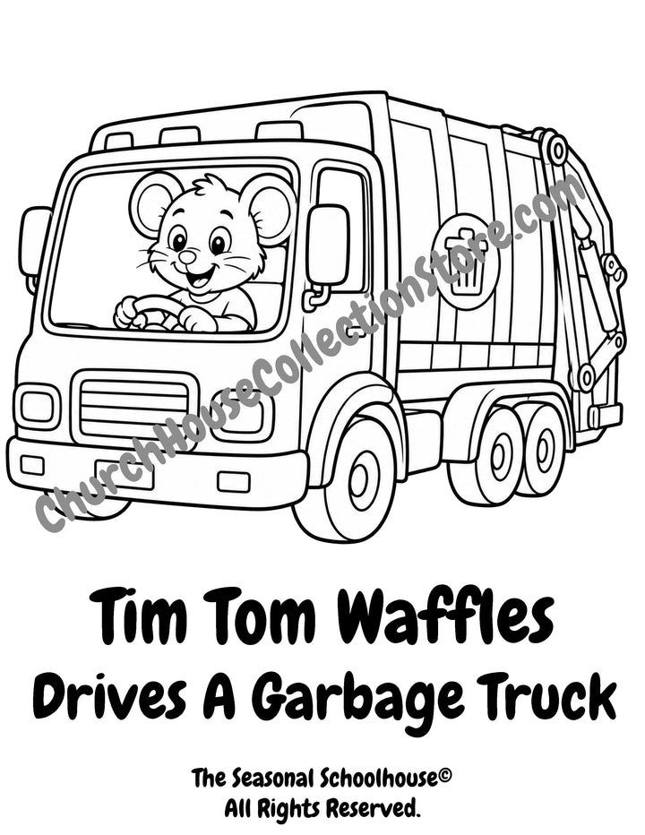 Tim Tom Waffles driving a garbage truck coloring page preschool vehicle printable