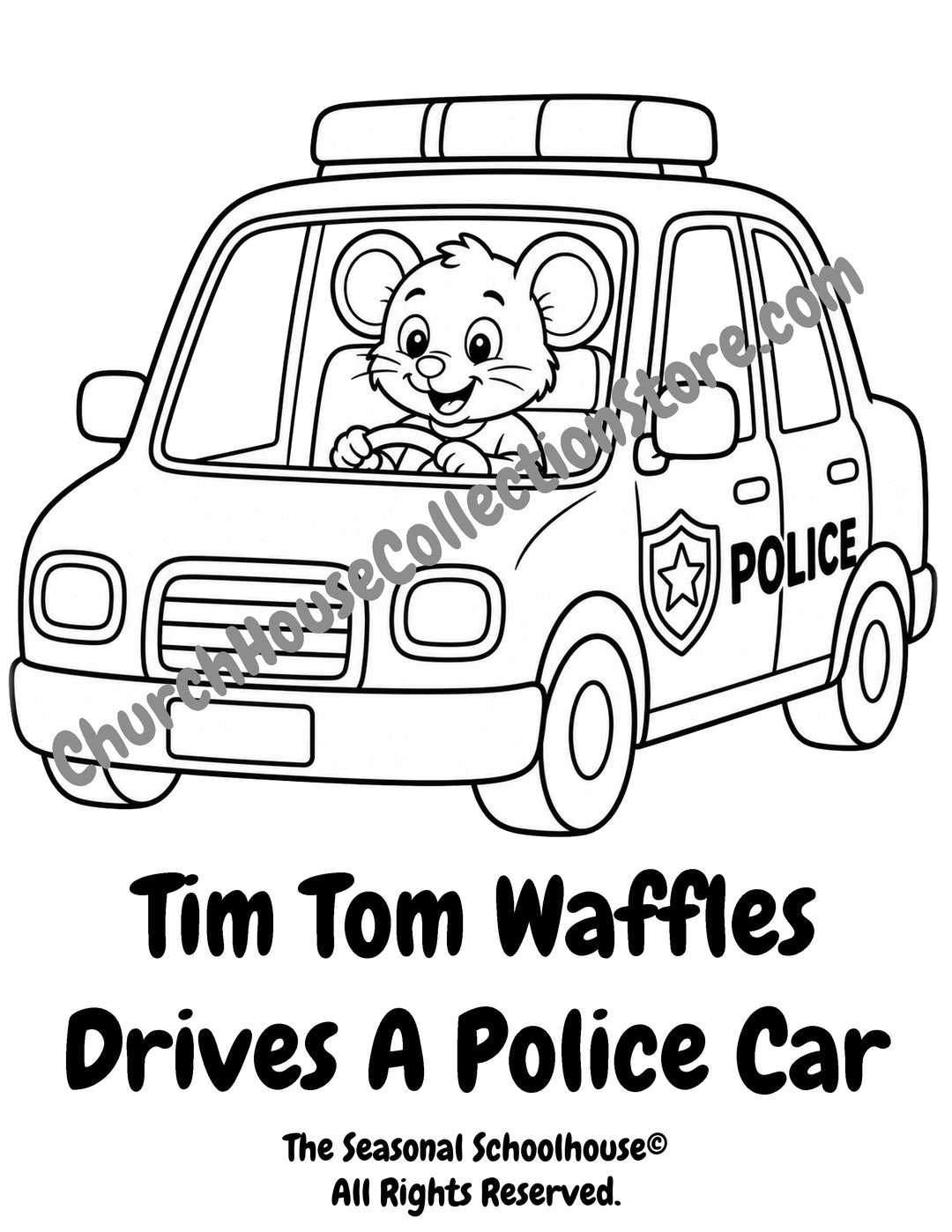Tim Tom Waffles driving a police car coloring page preschool vehicle printable