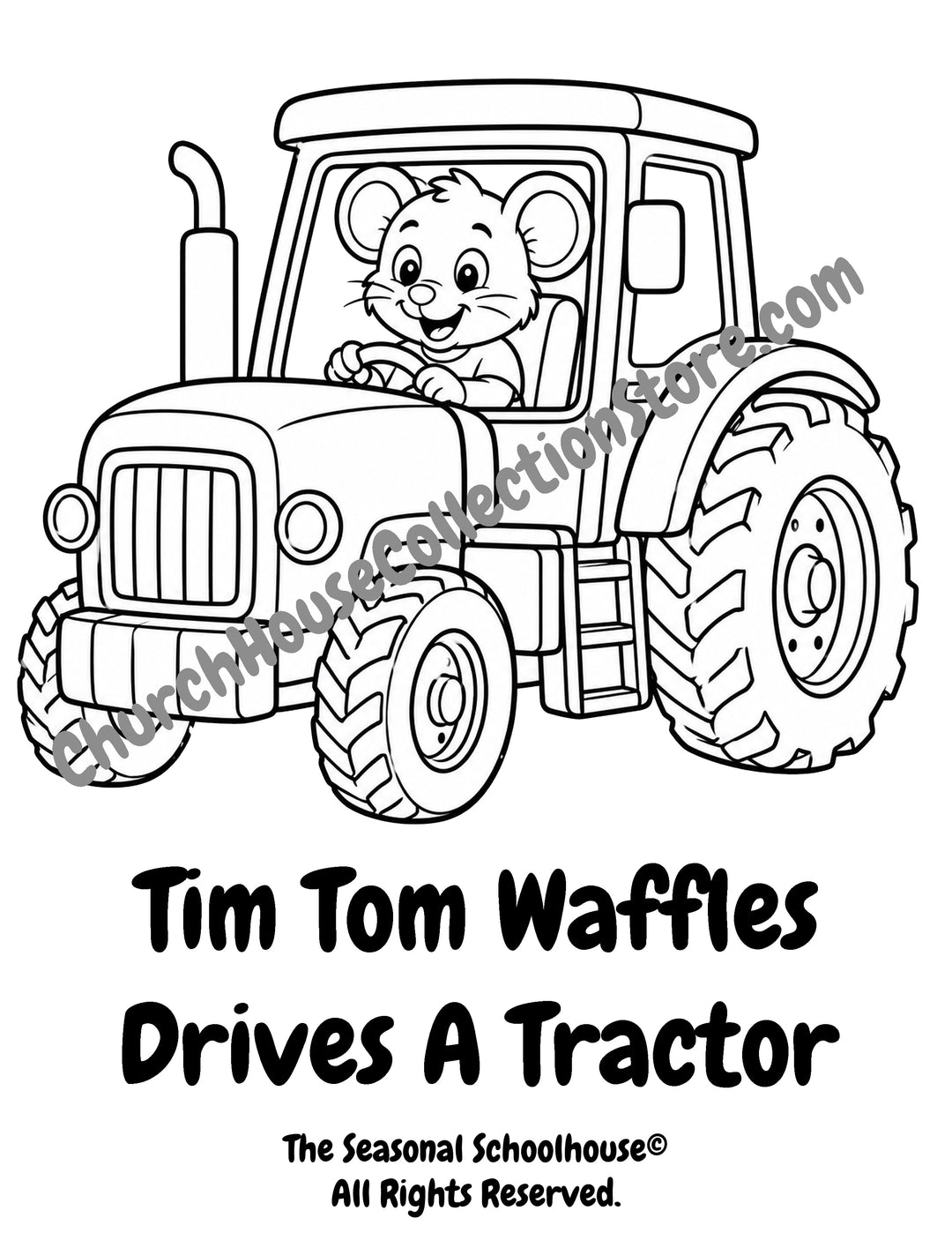 Tim Tom Waffles driving a tractor coloring page preschool farm vehicle printable