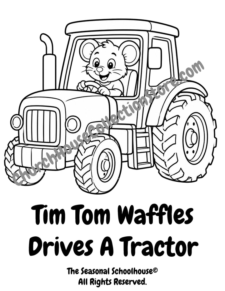 Tim Tom Waffles driving a tractor coloring page preschool farm vehicle printable