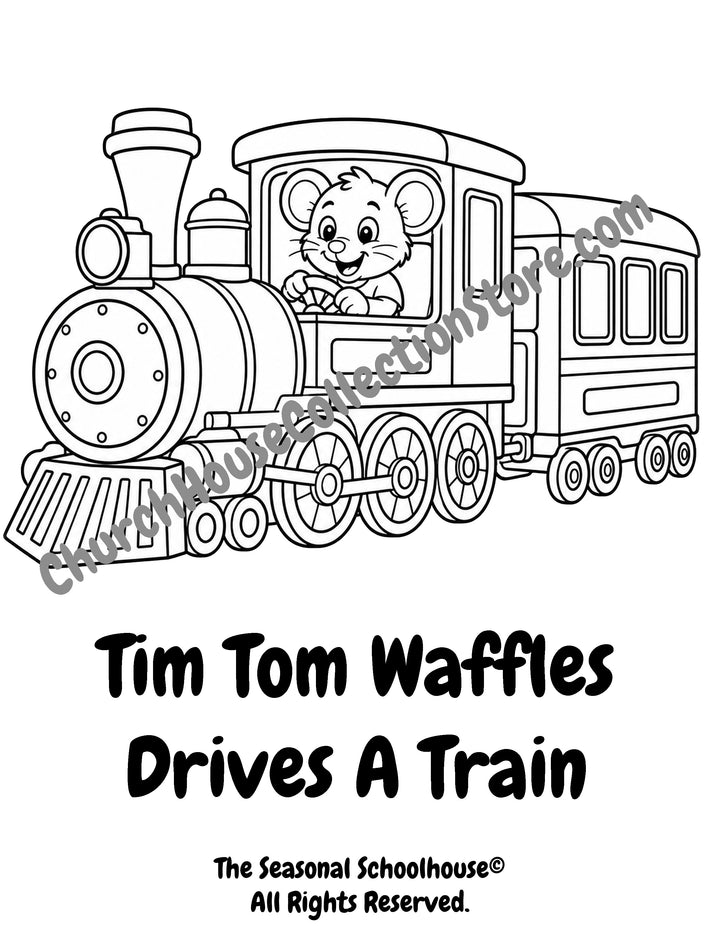 Tim Tom Waffles driving a train coloring page preschool vehicle printable