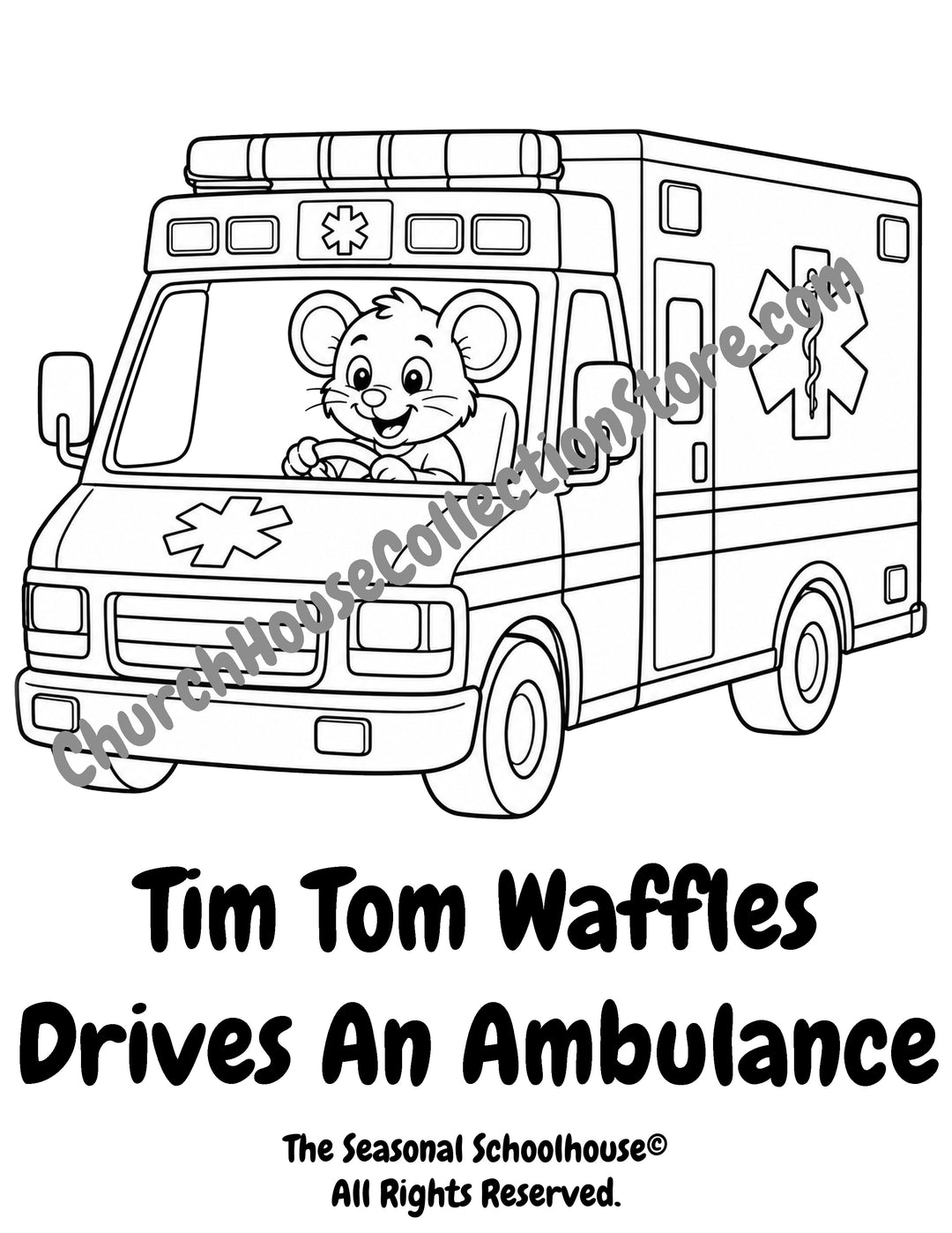Tim Tom Waffles driving an ambulance coloring page preschool vehicle printable