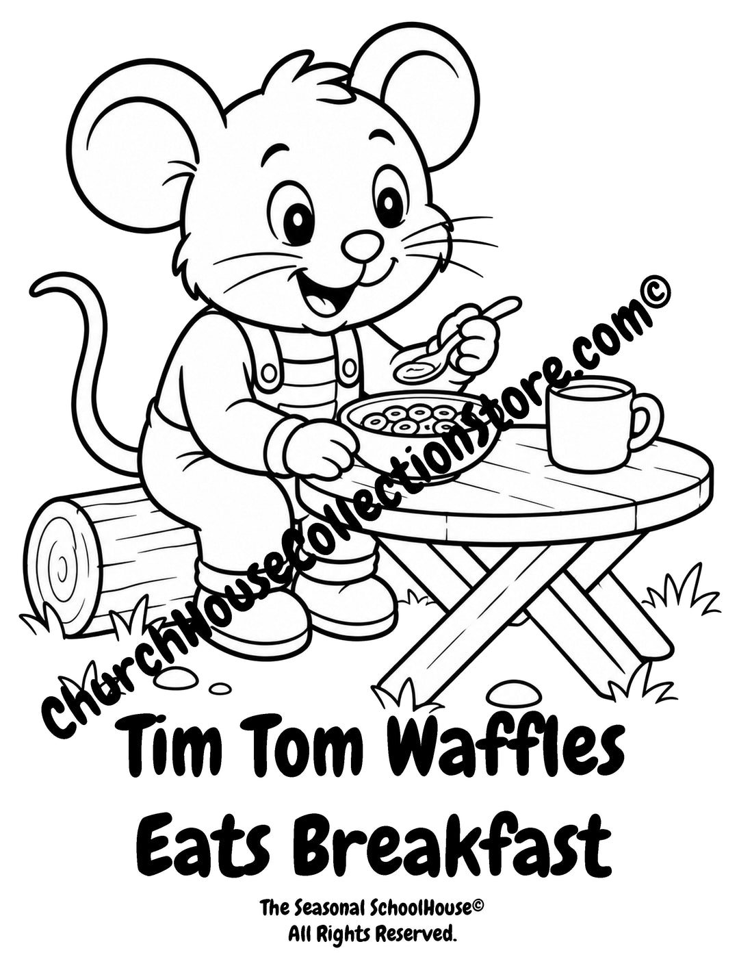 Tim Tom Waffles eating breakfast while camping preschool printable coloring page