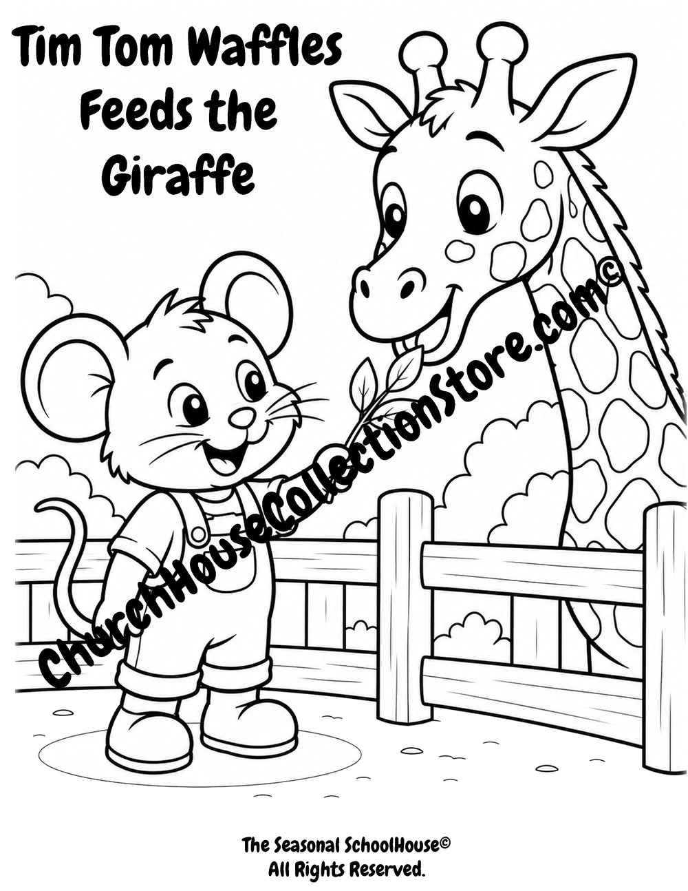 Tim Tom Waffles feeding a friendly giraffe preschool printable coloring page
