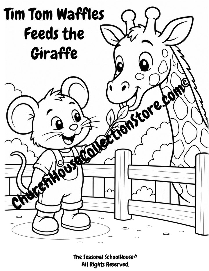 Tim Tom Waffles feeding a friendly giraffe preschool printable coloring page