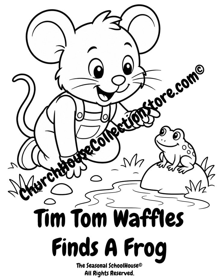 Tim Tom Waffles finding a frog preschool printable coloring page