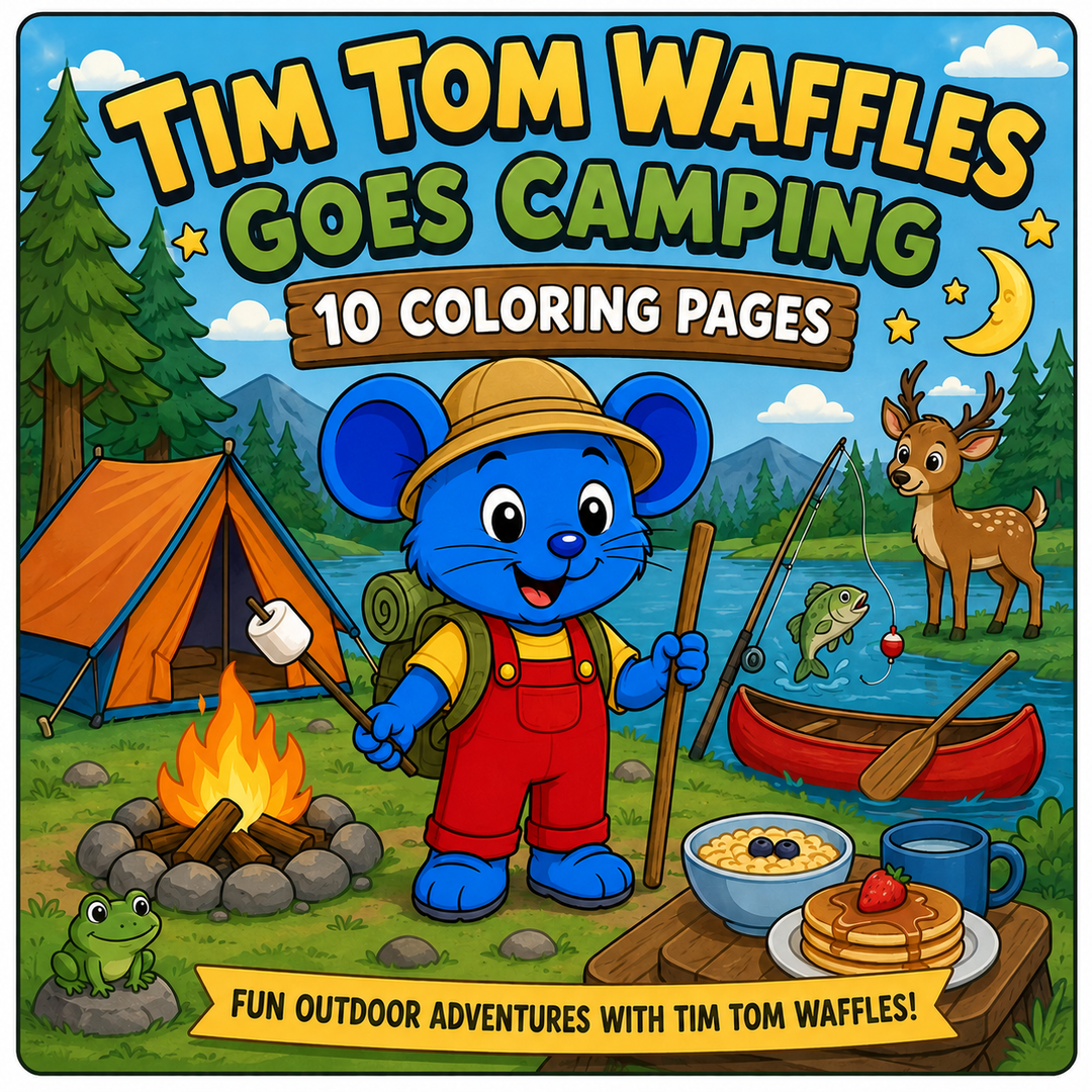 Tim Tom Waffles Goes Camping printable bundle featuring 10 preschool camping coloring pages