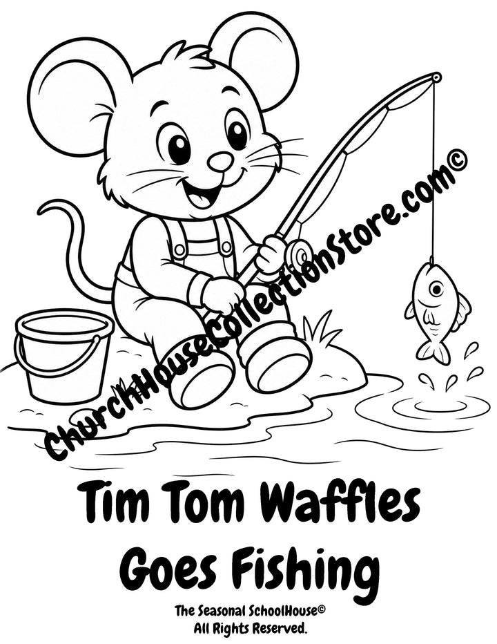Tim Tom Waffles fishing by a pond preschool printable coloring page