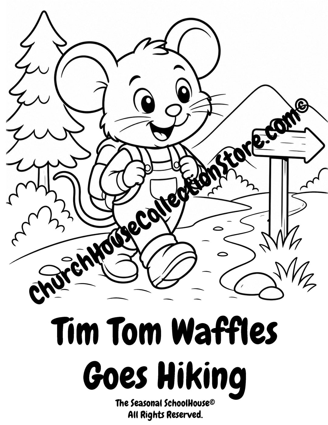 Tim Tom Waffles hiking with a backpack preschool printable coloring page