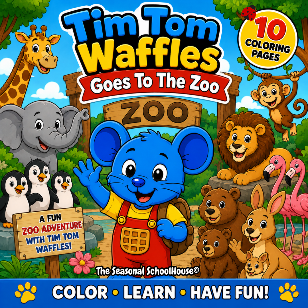 Tim Tom Waffles Goes to the Zoo printable bundle featuring 10 preschool zoo coloring pages with friendly zoo animals