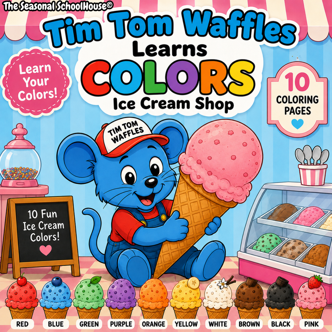 Tim Tom Waffles learns colors ice cream coloring pages bundle preschool printable