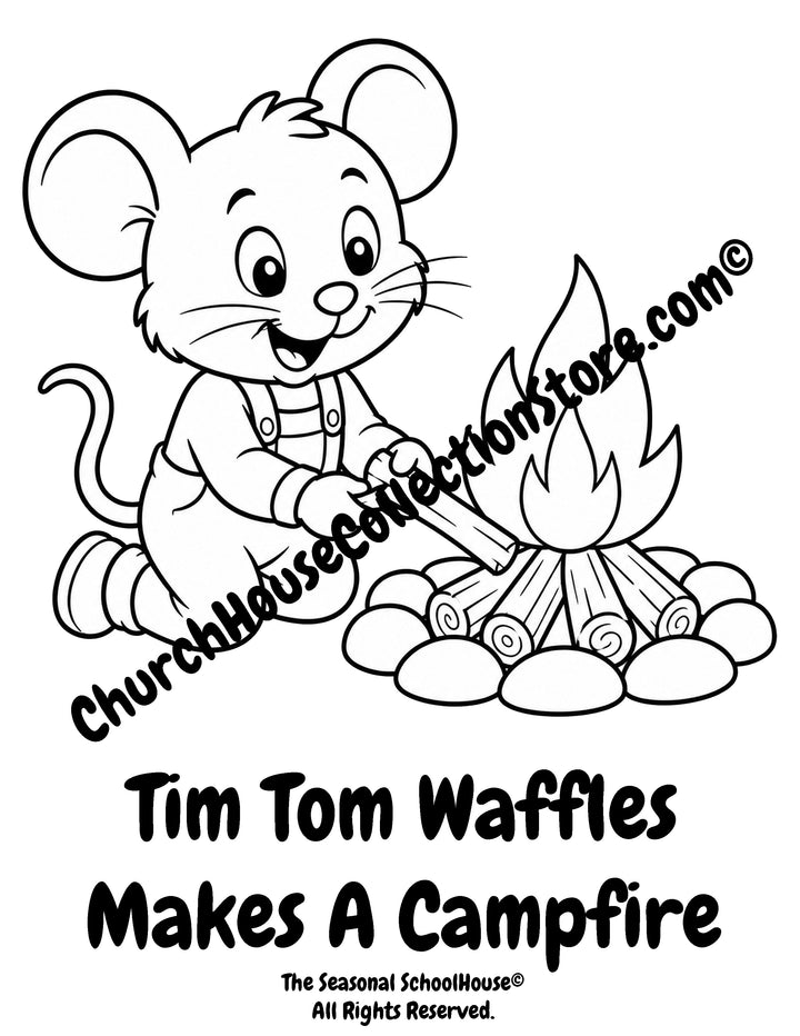 Tim Tom Waffles making a campfire preschool printable coloring page
