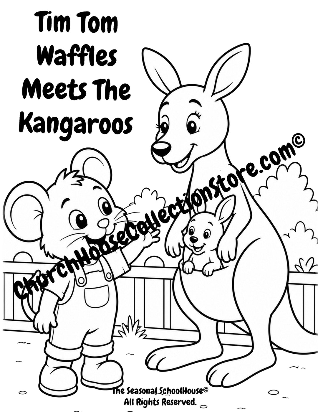 Tim Tom Waffles meeting a kangaroo and her baby at the zoo preschool printable coloring page