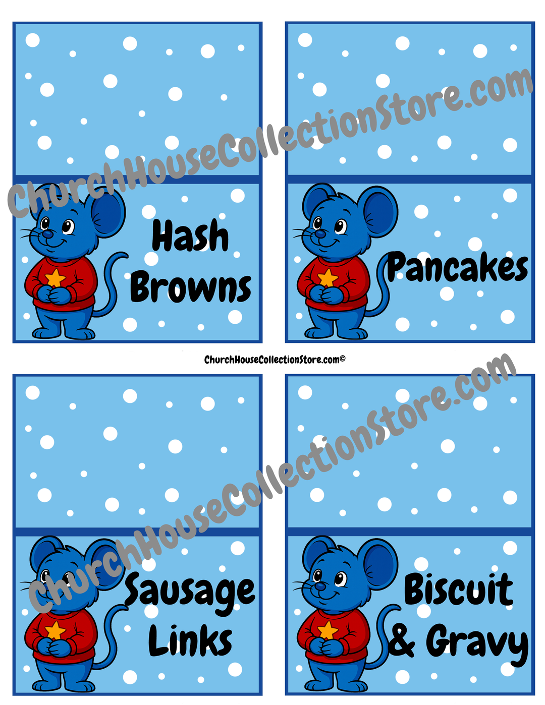 Tim Tom Waffles North Pole Breakfast Food Cards – Printable Set. Hash Browns, Pancakes, Sausage Links, Biscuit and Gravy