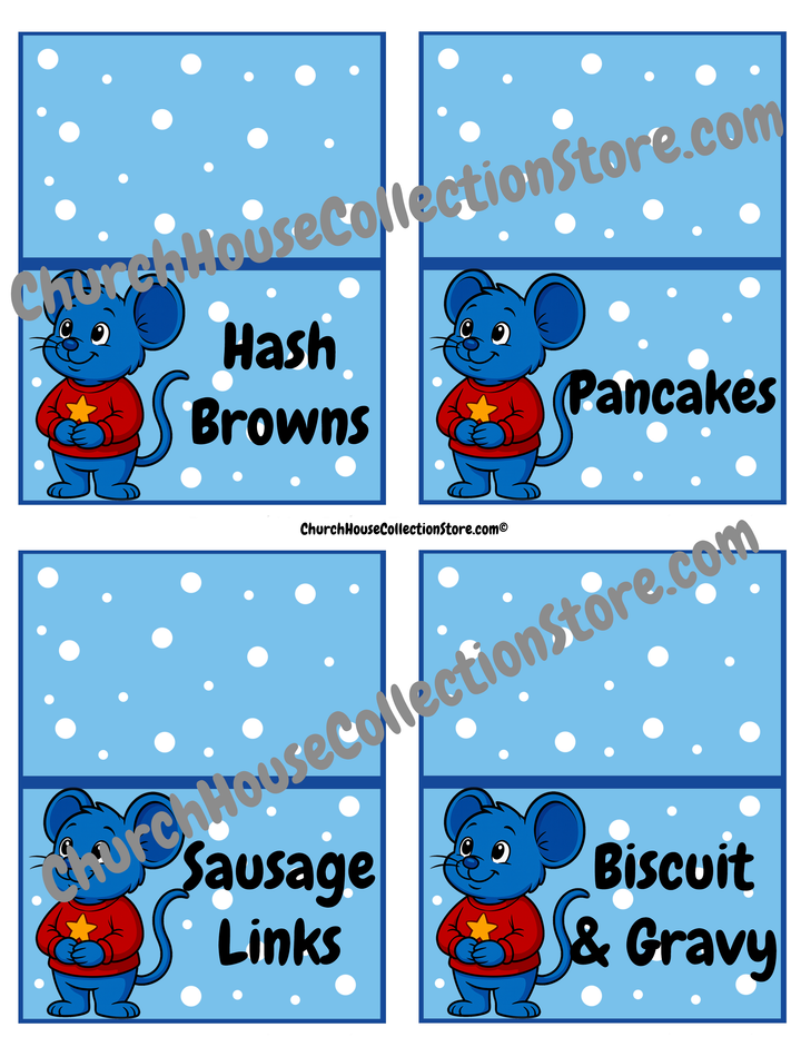 Tim Tom Waffles North Pole Breakfast Food Cards – Printable Set. Hash Browns, Pancakes, Sausage Links, Biscuit and Gravy