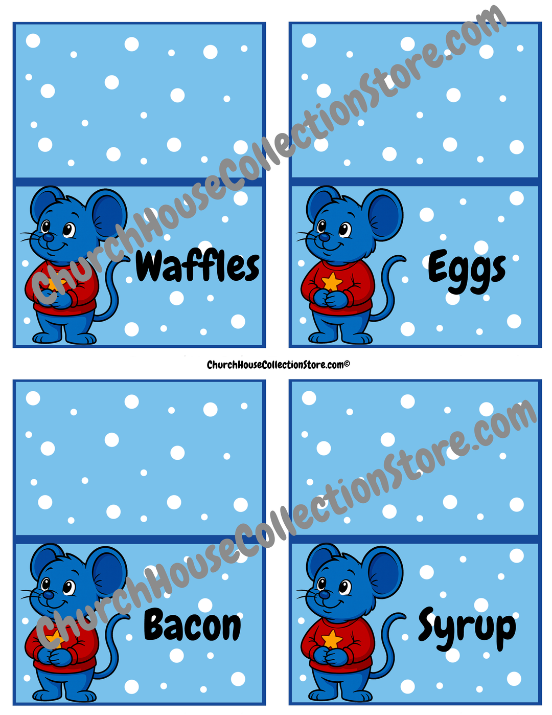 Tim Tom Waffles North Pole Breakfast Food Cards – Printable Set. Waffles, Eggs, Bacon, Syrup.