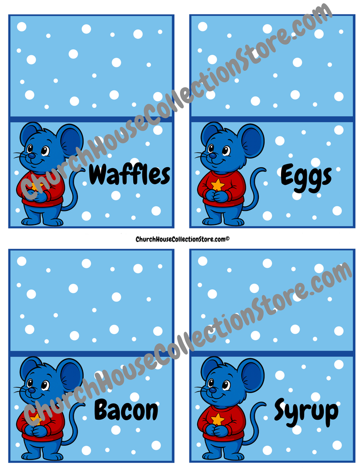 Tim Tom Waffles North Pole Breakfast Food Cards – Printable Set. Waffles, Eggs, Bacon, Syrup.