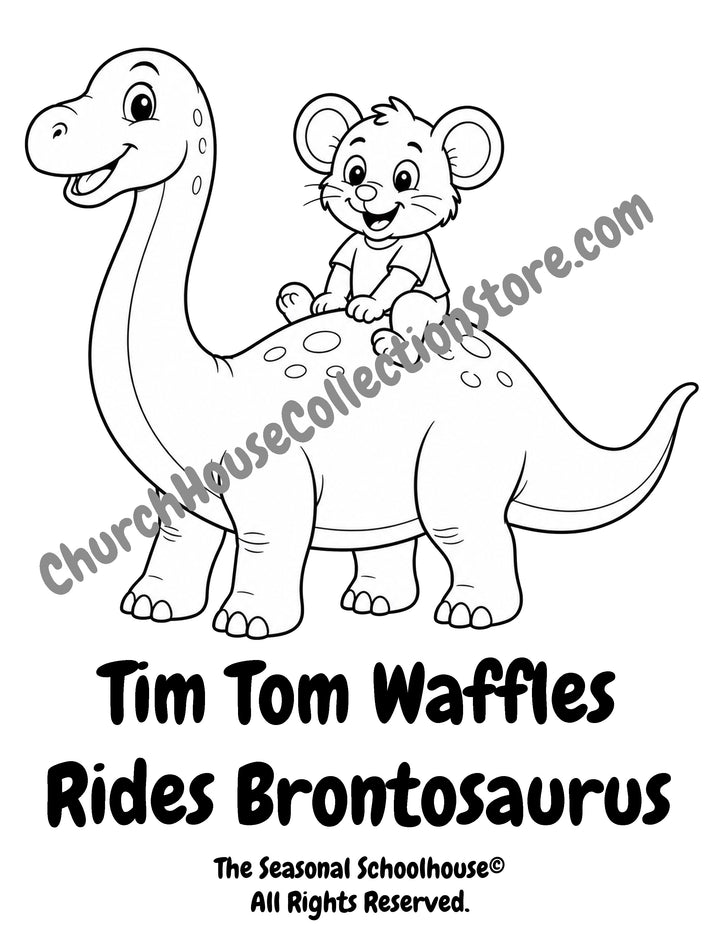 Tim Tom Waffles riding a Brontosaurus coloring page preschool dinosaur printable