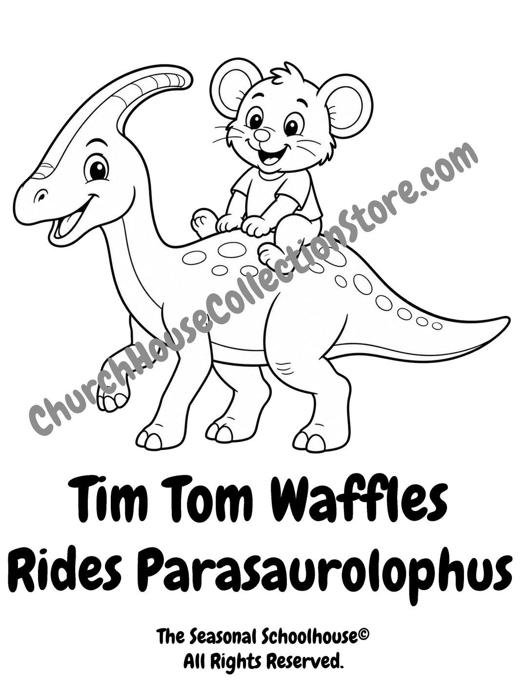 Tim Tom Waffles riding a Parasaurolophus coloring page preschool dinosaur printable