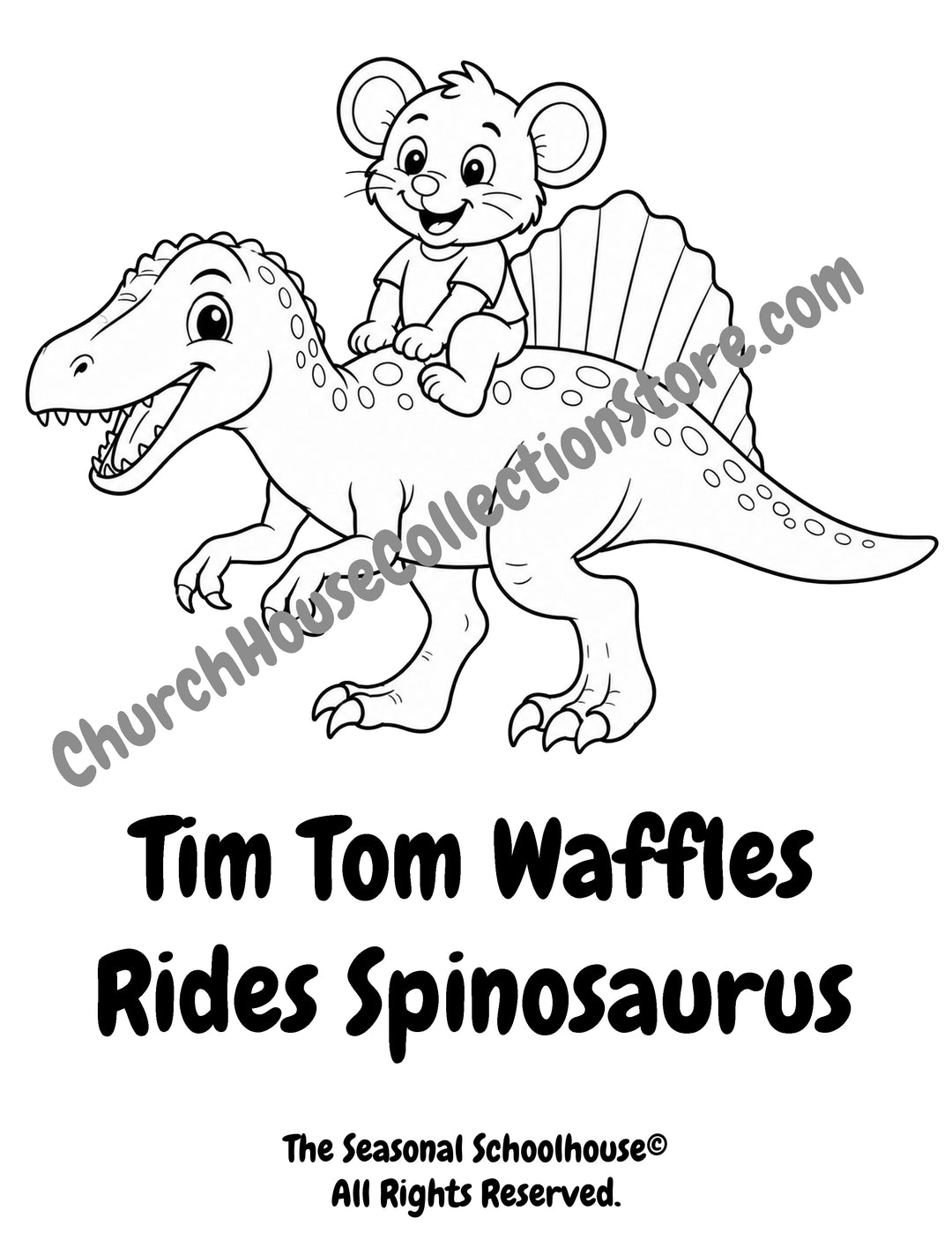 Tim Tom Waffles riding a Spinosaurus coloring page preschool dinosaur printable