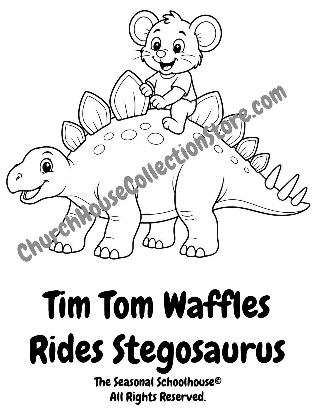 Tim Tom Waffles riding a Stegosaurus coloring page preschool dinosaur printable
