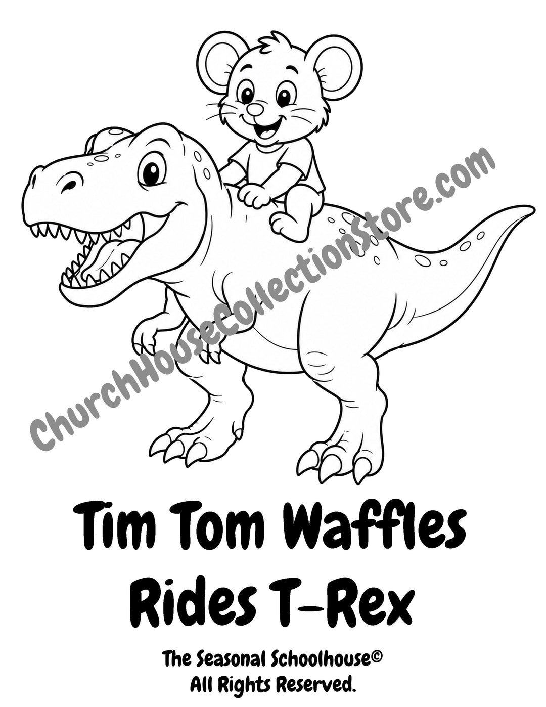 Tim Tom Waffles riding a T-Rex coloring page preschool dinosaur printable