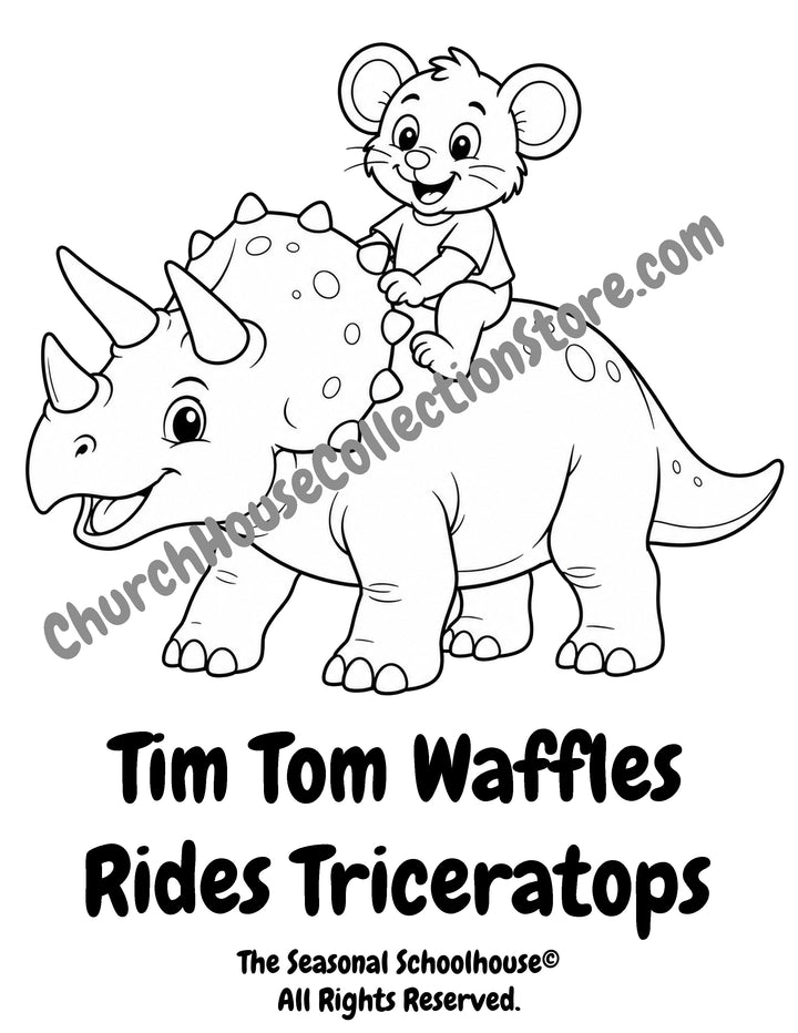 Tim Tom Waffles riding a Triceratops coloring page preschool dinosaur printable
