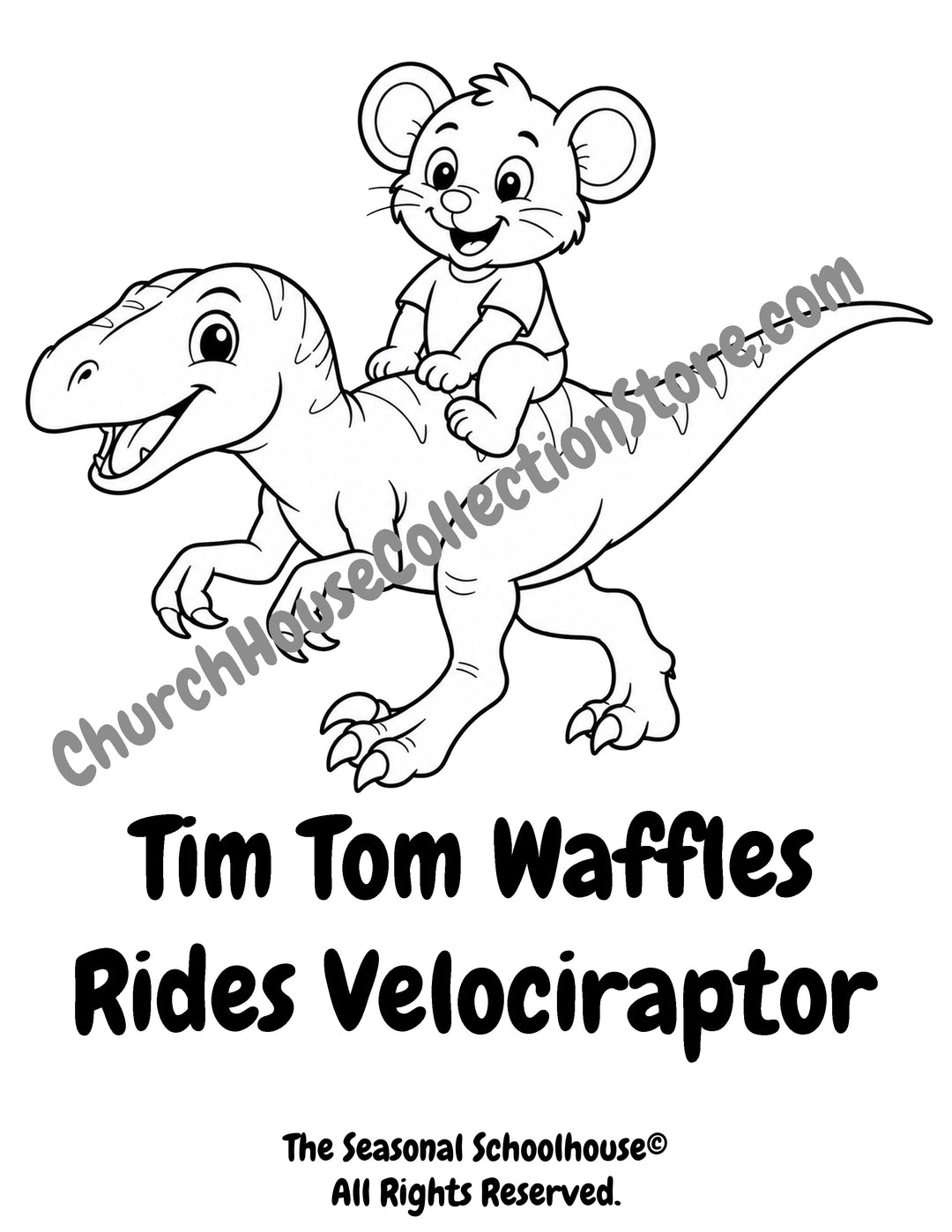 Tim Tom Waffles riding a Velociraptor coloring page preschool dinosaur printable