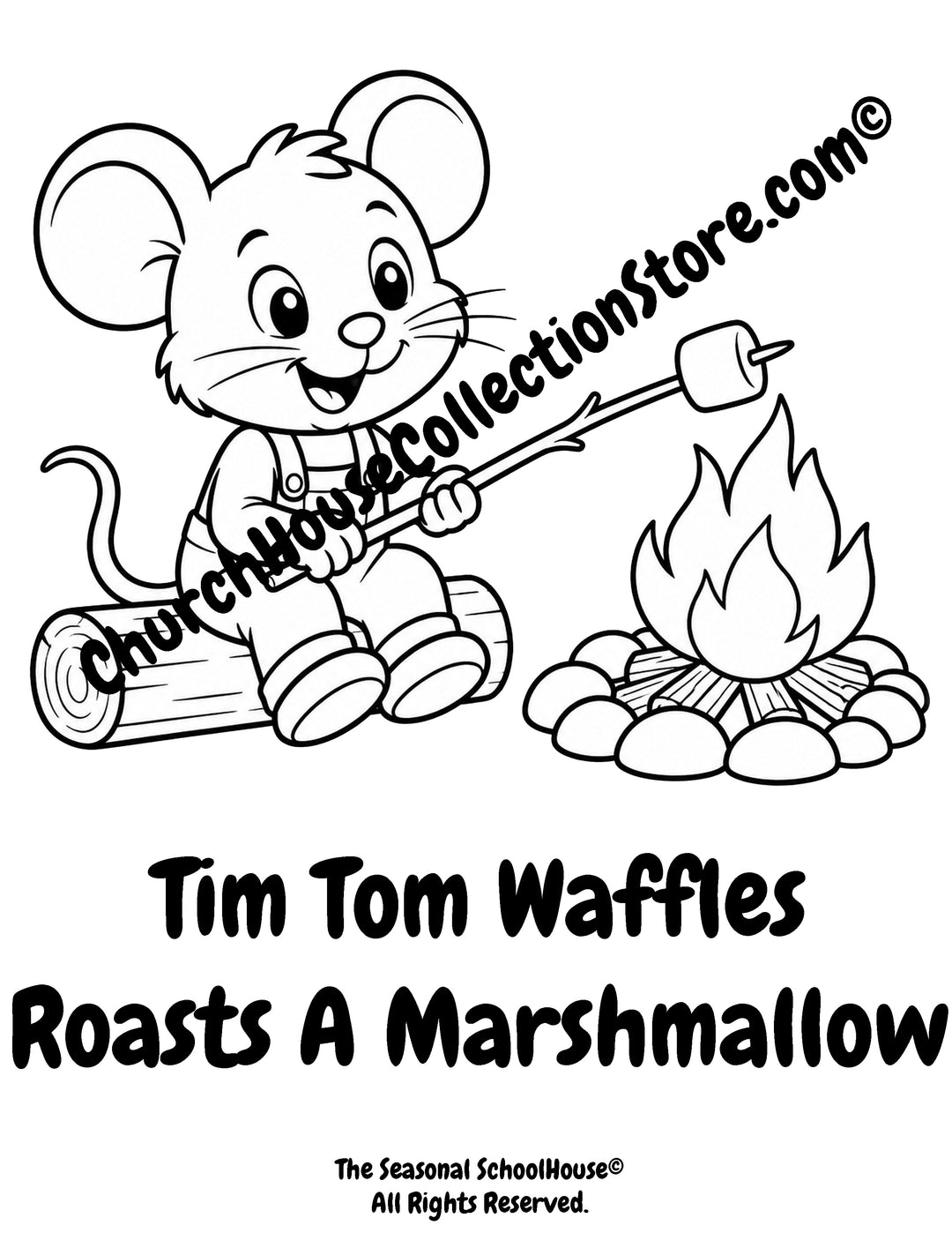 Tim Tom Waffles roasting a marshmallow over a campfire preschool printable coloring page