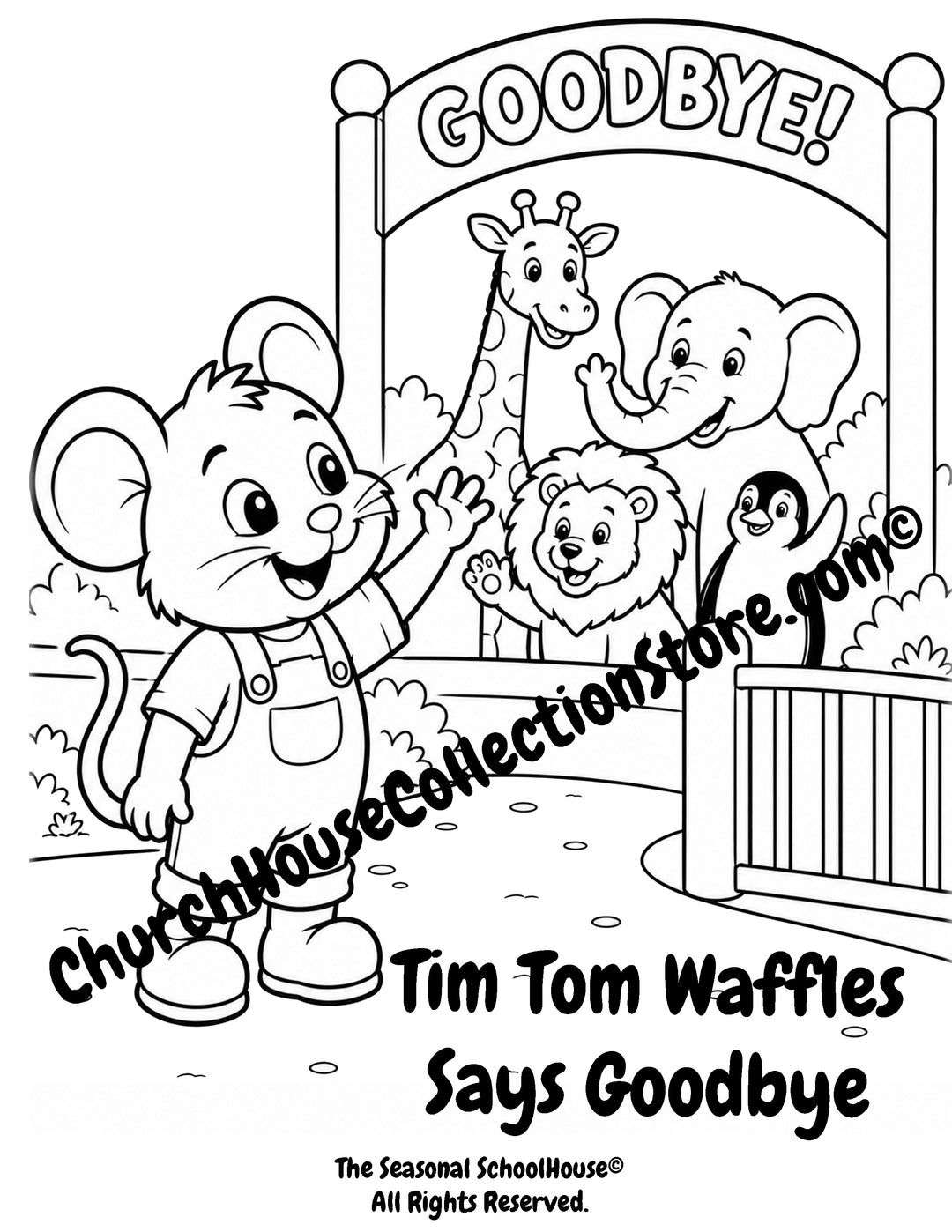 Tim Tom Waffles waving goodbye to the zoo animals preschool printable coloring page