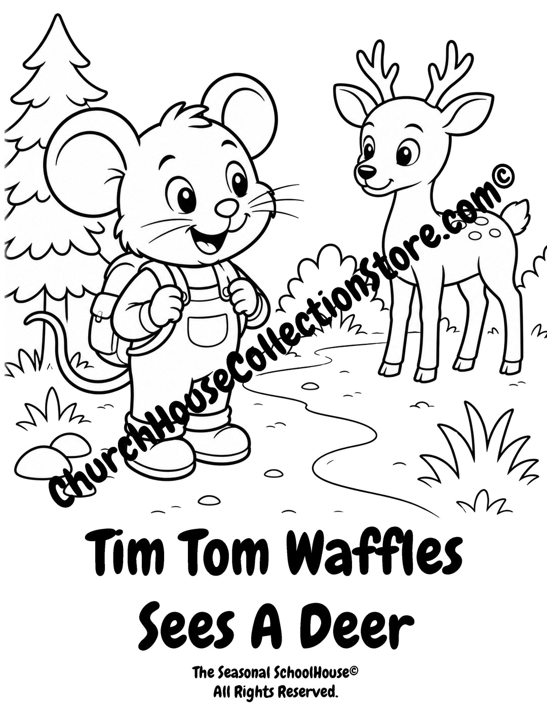 Tim Tom Waffles seeing a friendly deer preschool printable coloring page