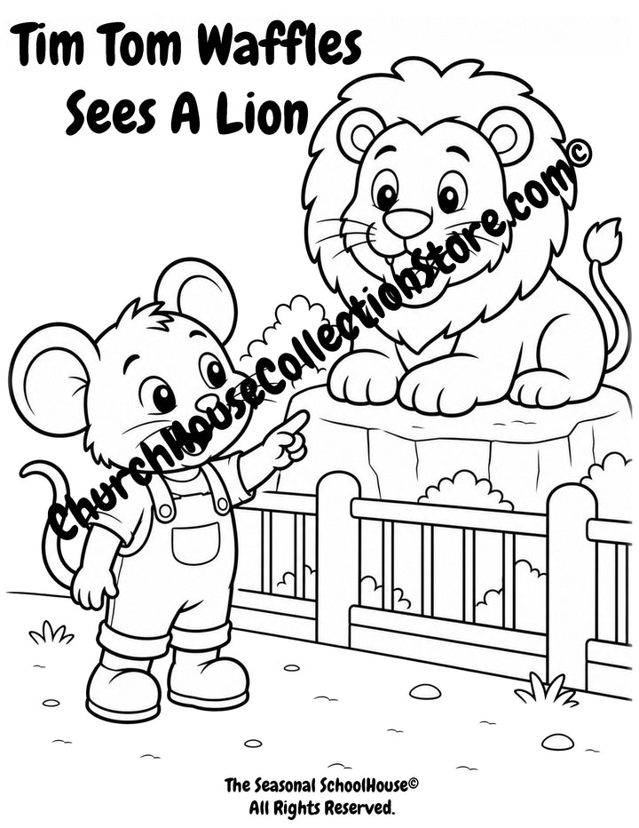 Tim Tom Waffles seeing a friendly lion preschool printable coloring page