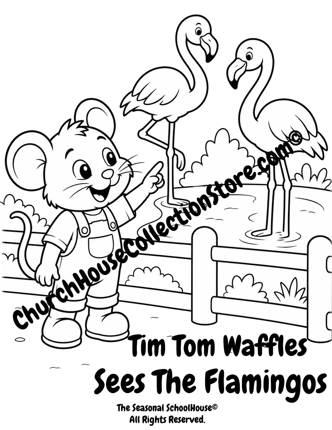 Tim Tom Waffles seeing flamingos at the zoo preschool printable coloring page