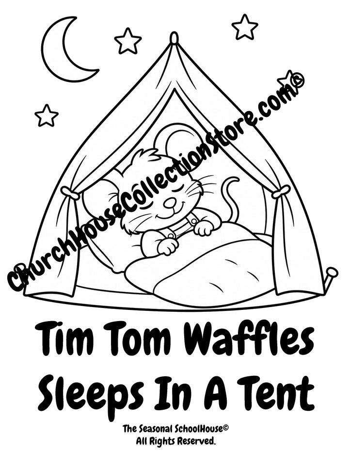 Tim Tom Waffles sleeping in a camping tent preschool printable coloring page