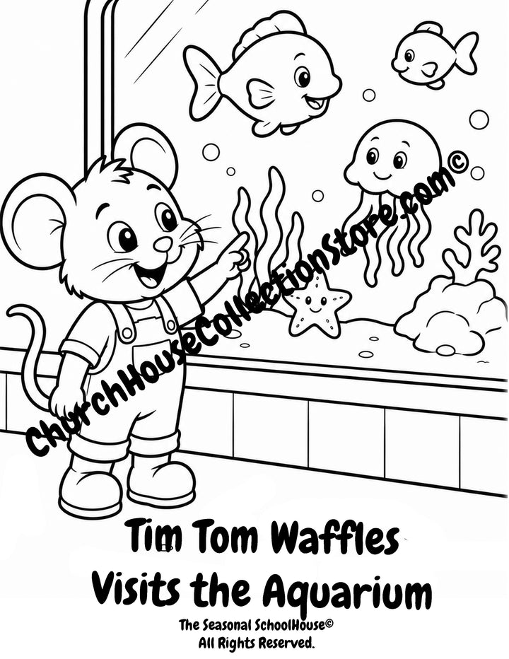 Tim Tom Waffles visiting an aquarium preschool printable coloring page
