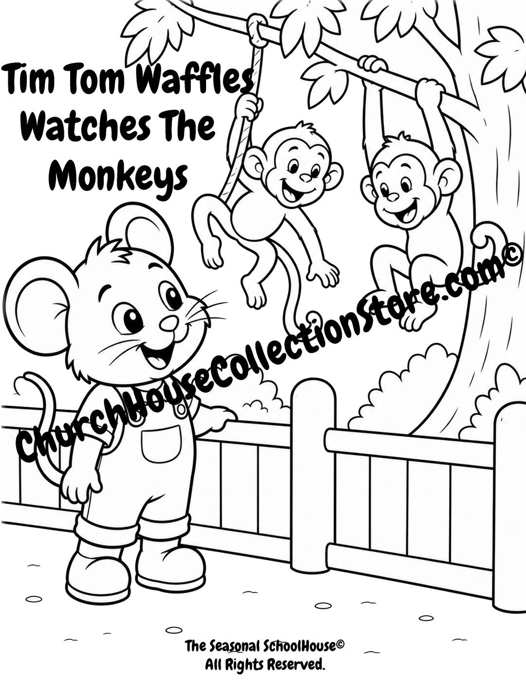 Tim Tom Waffles watching playful monkeys preschool printable coloring page