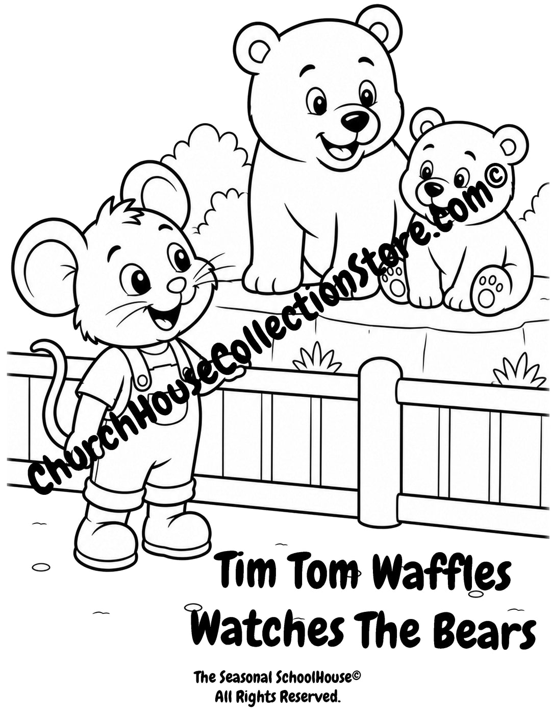 Tim Tom Waffles watching bears at the zoo preschool printable coloring page