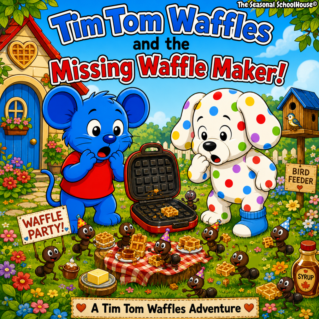 Tim Tom Waffles And The Missing Waffle Maker Story – Free Printable Kids Book. Ants are having a waffle party outside with Tim Tom Waffles and Pork And Bean The Puppy Dog looking shocked!