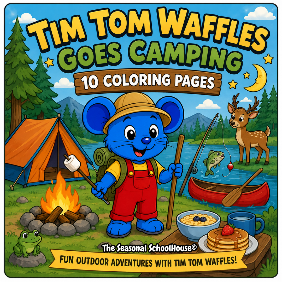 Tim Tom Waffles Goes Camping printable bundle featuring 10 preschool camping coloring pages