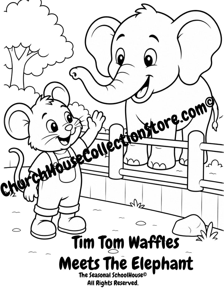 Tim Tom Waffles meeting a friendly elephant preschool printable coloring page