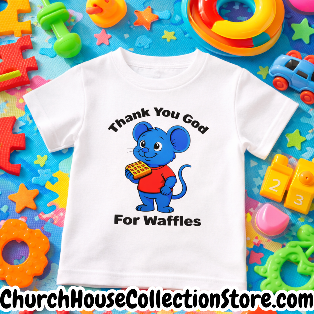 Tim Tom Waffles T Shirt For Toddlers 2T - 5T | Christian Kids Clothing | Blue Mouse Who Loves To Eat Waffles