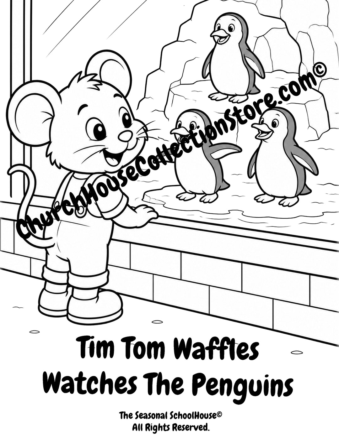 Tim Tom Waffles watching penguins preschool printable coloring page