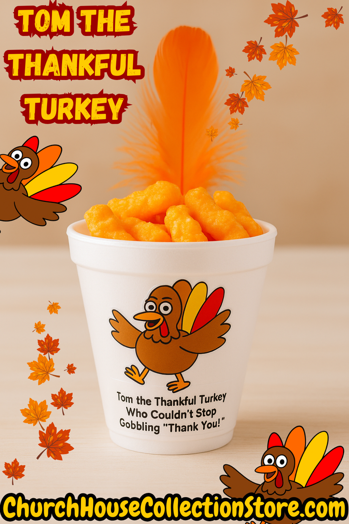 Tom the Thankful Turkey Snack Cup Sticker Template Thanksgiving Printable by ChurchHouseCollectionStore.com