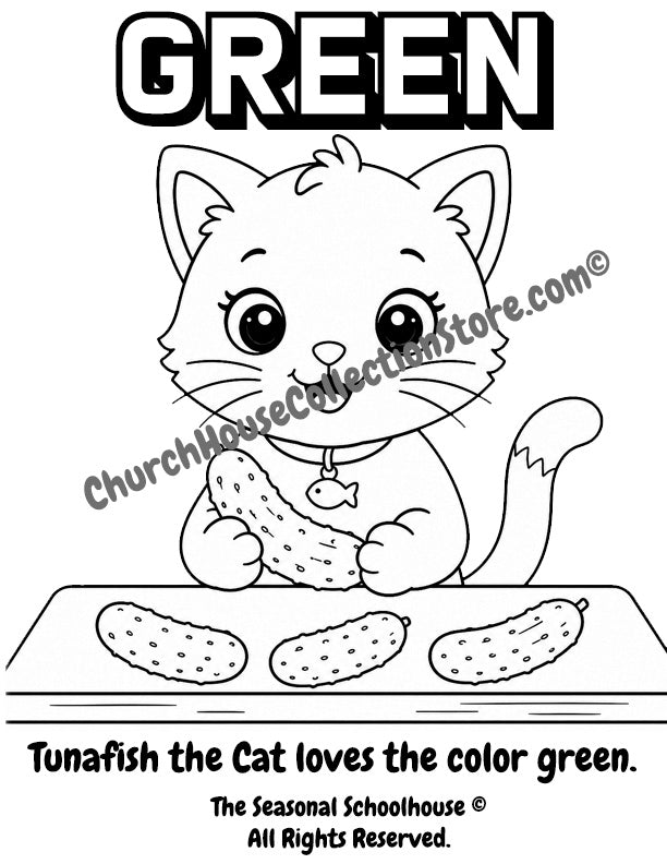 Tunafish the Cat Learns the Color Green Coloring Page

Help your toddler or preschooler learn the color green with this adorable Tunafish the Cat coloring page! In this printable activity, Tunafish sits at her favorite table holding a pickle while more pickles rest on the table in front of her. Children can color the pickles green while learning color recognition in a fun and engaging way.