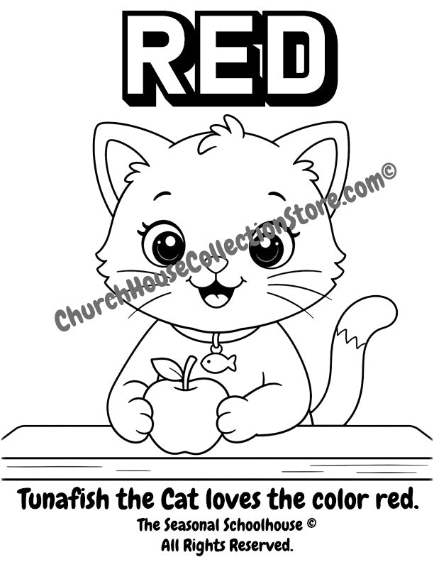 Learn the color RED coloring page printable for preschool kid. Tunafish the Cat Learns the Color Red Coloring Page. Red apple.