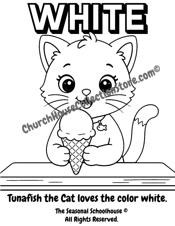Tunafish the Cat Learns the Color White – Ice Cream Coloring Page

Help your little learner discover the color white with this adorable Tunafish the Cat coloring page! In this printable activity, Tunafish sits at her special table holding a large ice cream cone while children color the picture and learn to recognize the color white.