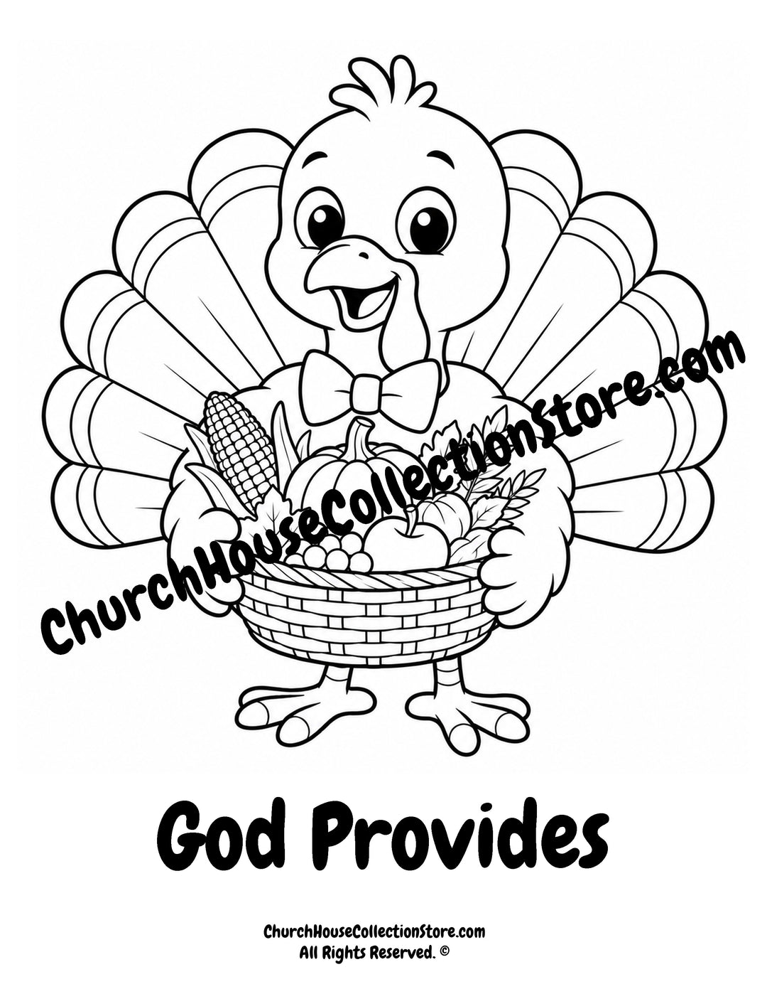 God Provides printable Christian turkey coloring page holding a harvest basket for preschool, kindergarten, homeschool, and Sunday School.