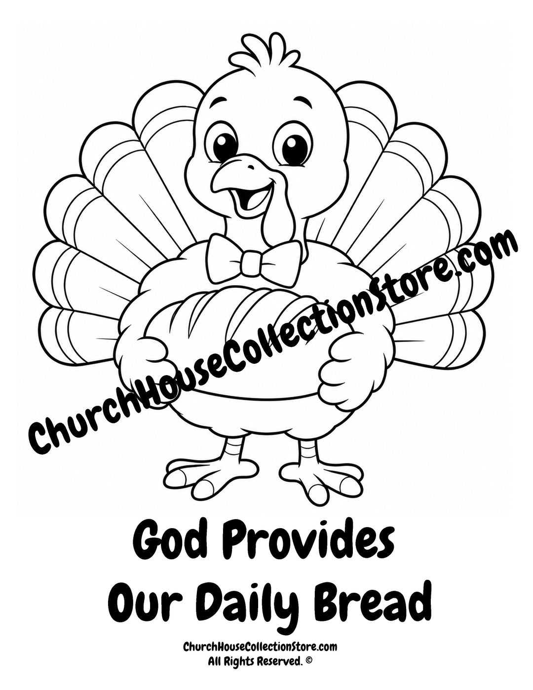 Turkey God Provides Our Daily Bread printable Christian coloring page holding bread for preschool, kindergarten, homeschool, and Sunday School.