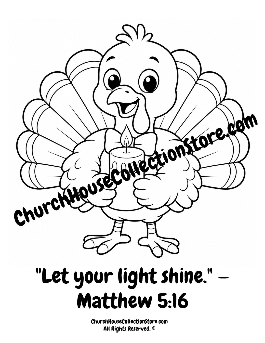 Turkey Let Your Light Shine printable Christian coloring page holding a candle for preschool, kindergarten, homeschool, and Sunday School.