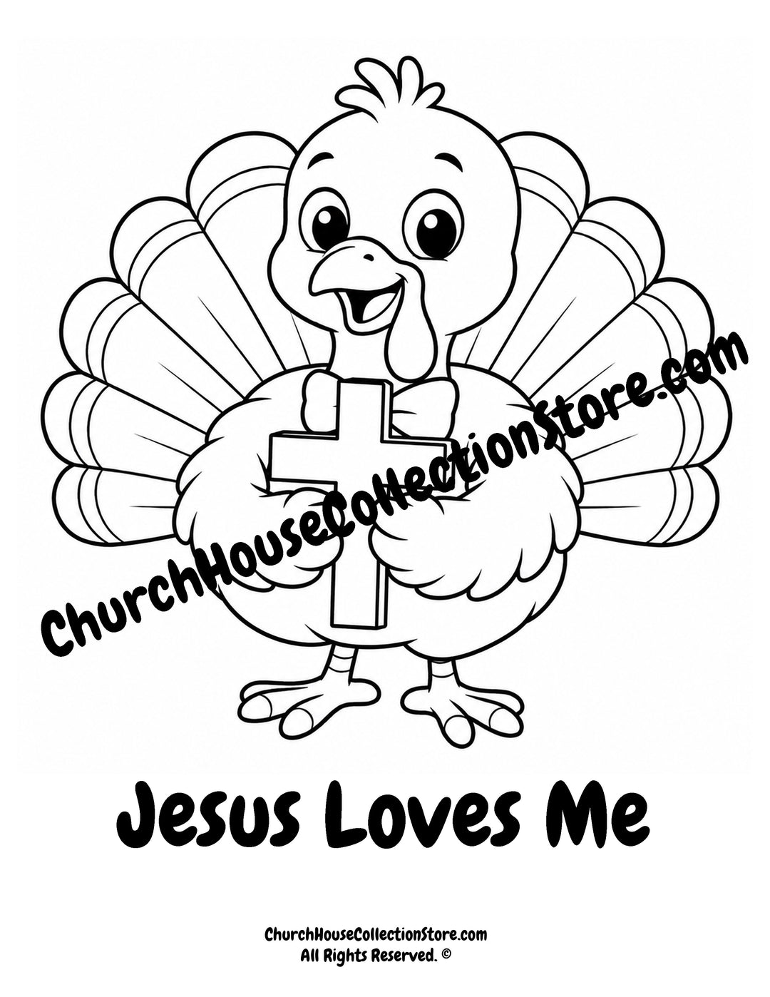 Turkey Jesus Loves Me printable Christian coloring page holding a cross for preschool, kindergarten, homeschool, and Sunday School.